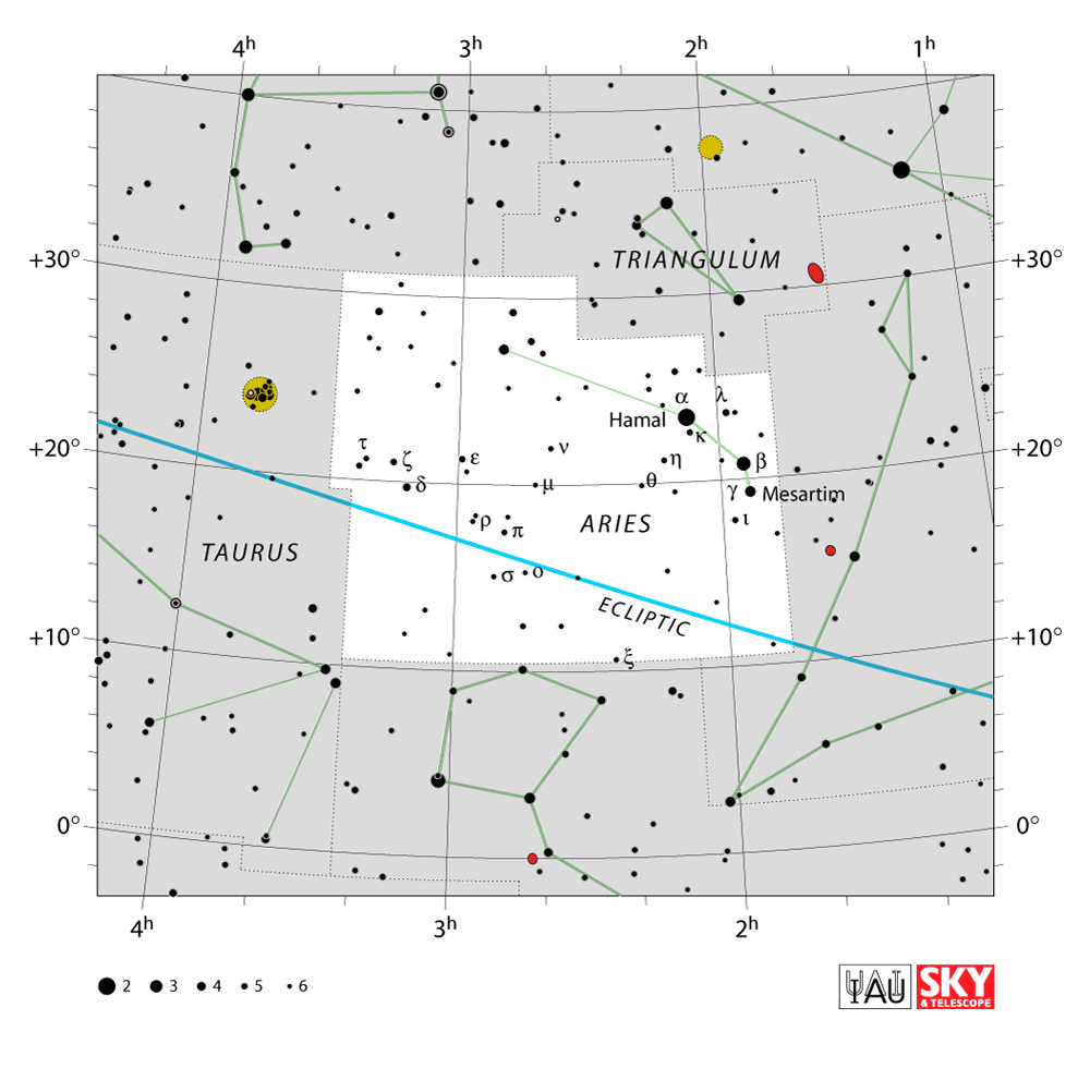 Carte IAU de Bélier : limites, étoiles et tracés