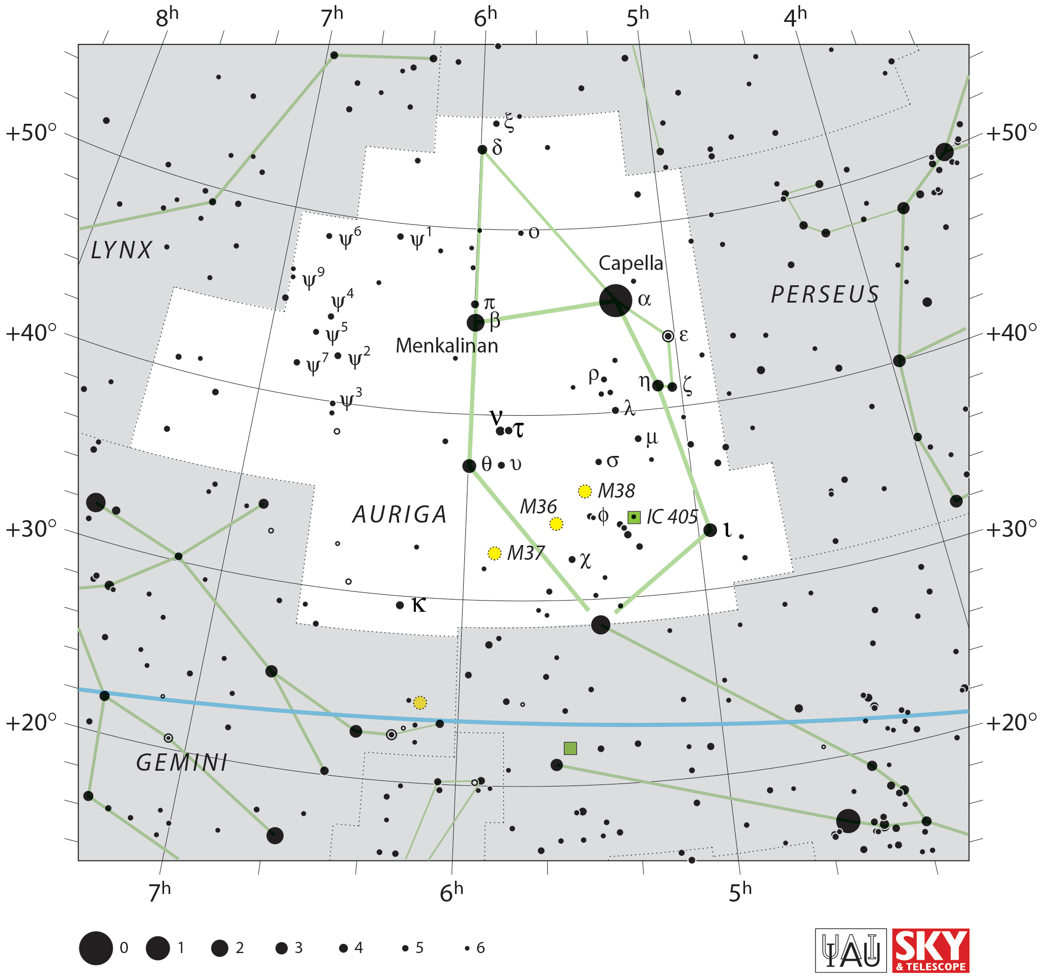Carte IAU de Cocher : limites, étoiles et tracés