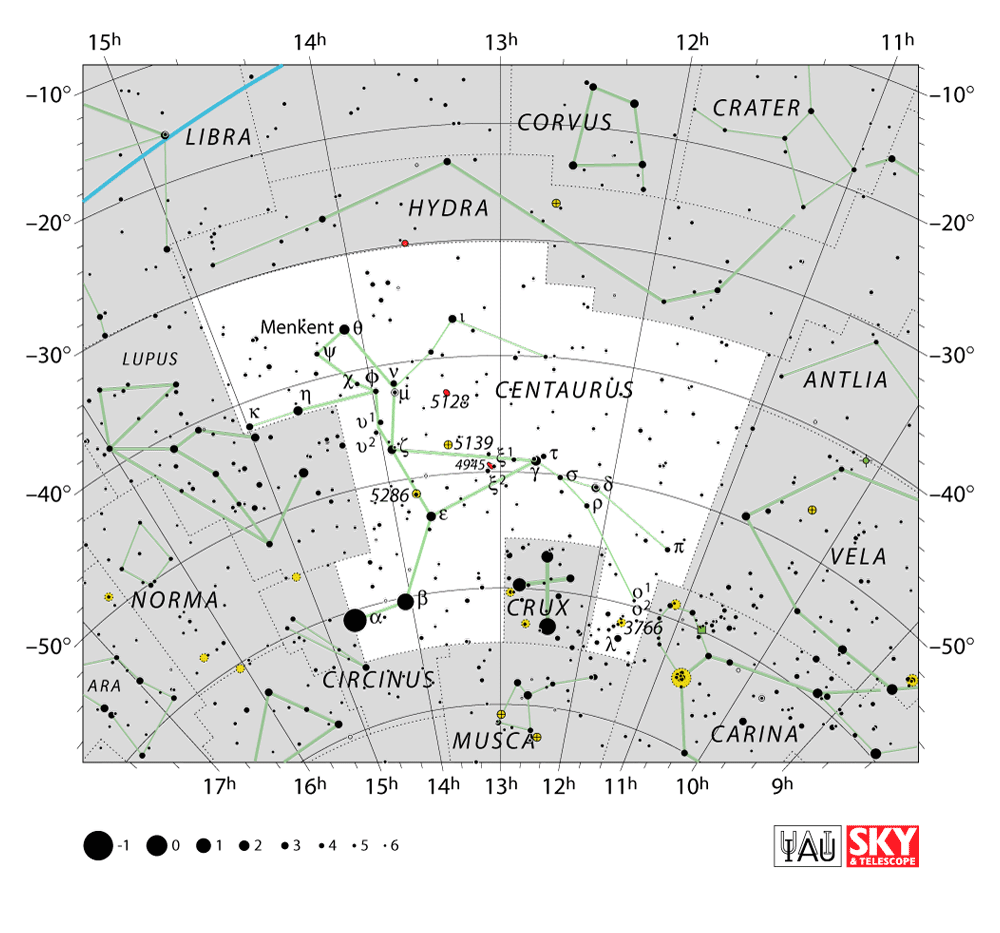 Carte IAU de Centaure : limites, étoiles et tracés