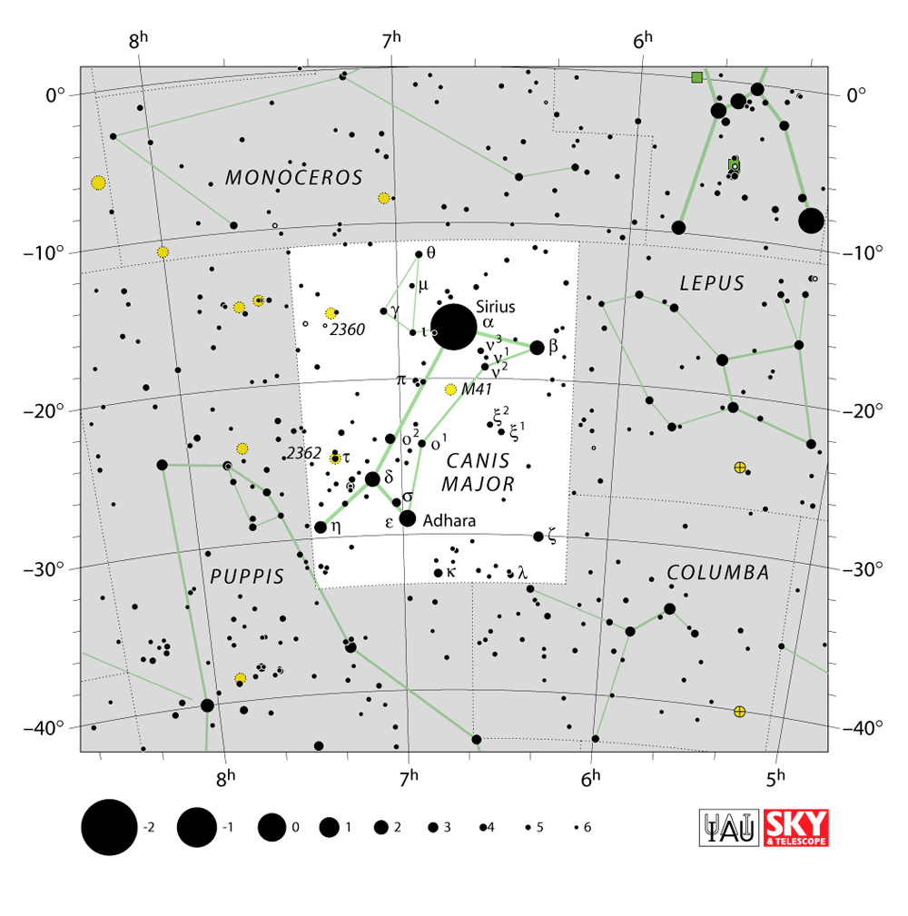 Carte IAU de Grand Chien : limites, étoiles et tracés