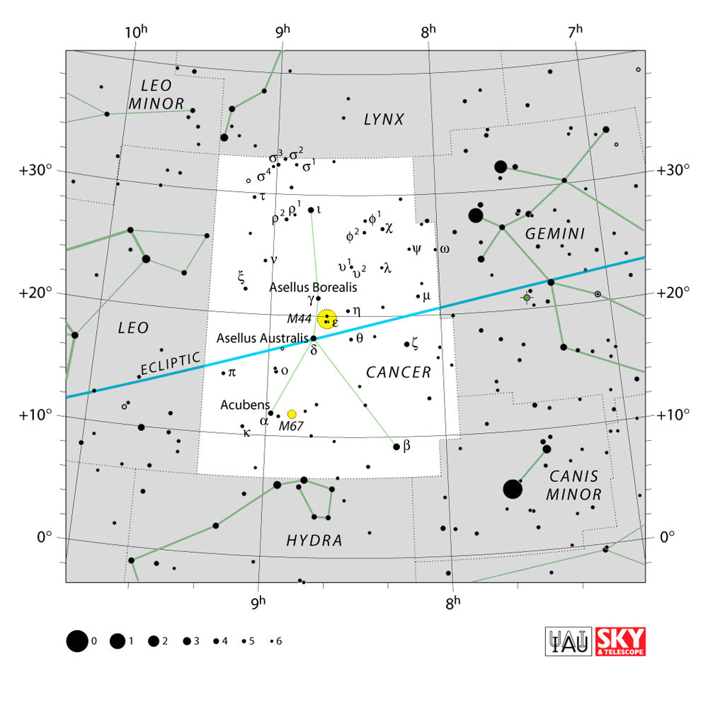 Carte IAU de Cancer : limites, étoiles et tracés