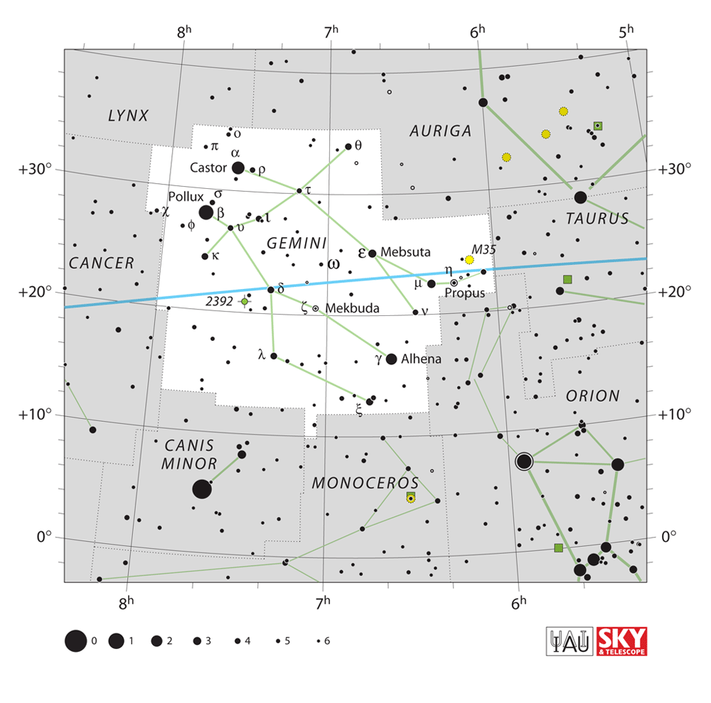 Carte IAU de Gémeaux : limites, étoiles et tracés
