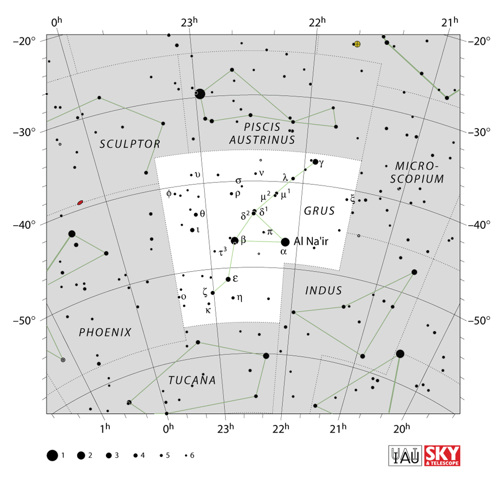 Carte IAU de Grue : limites, étoiles et tracés