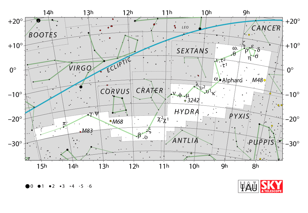 Carte IAU de Hydre : limites, étoiles et tracés
