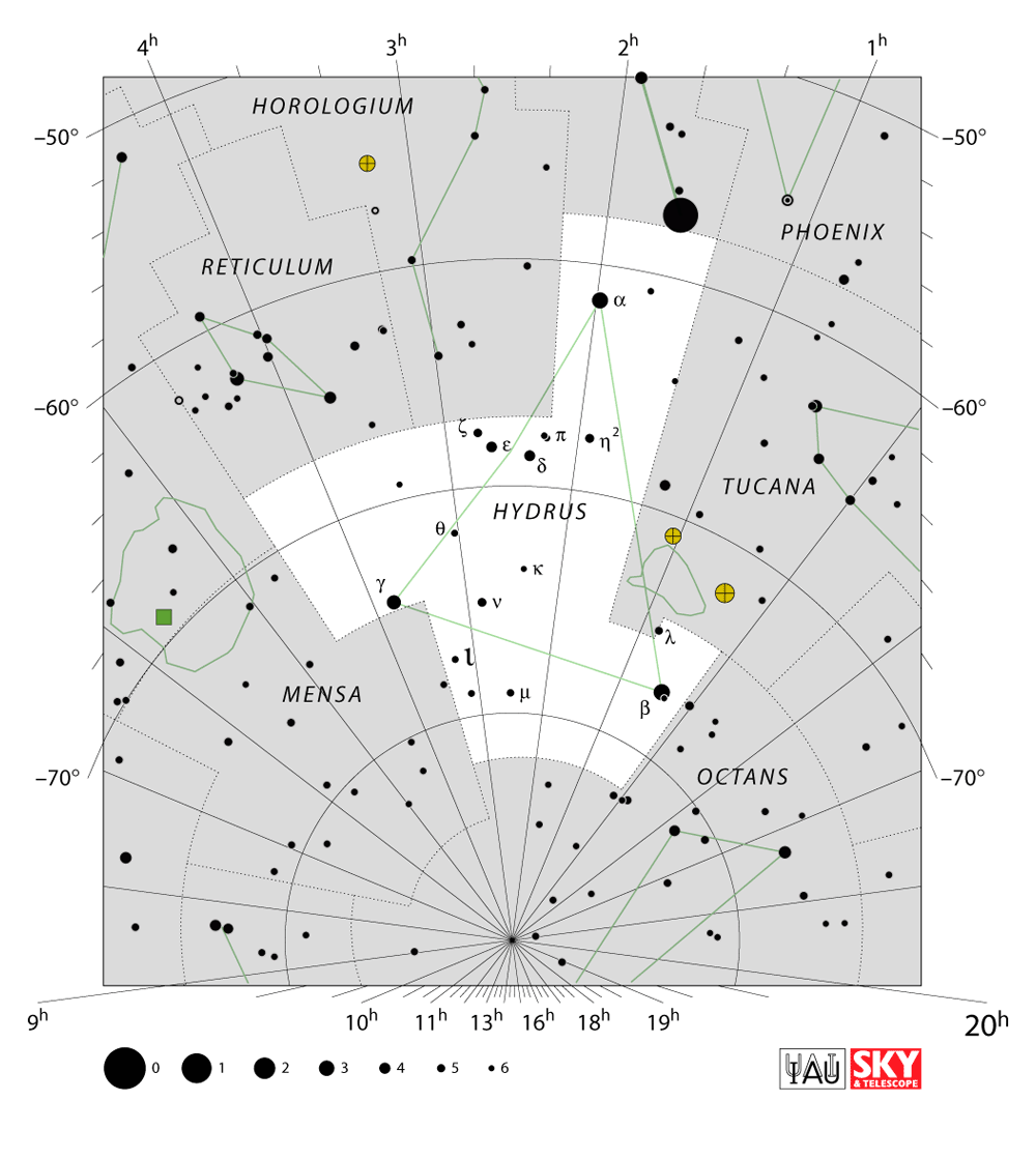 Carte IAU de Hydre mâle : limites, étoiles et tracés