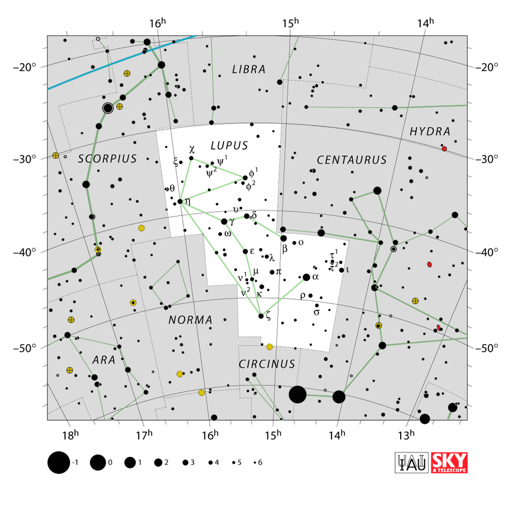 Carte IAU de Loup : limites, étoiles et tracés