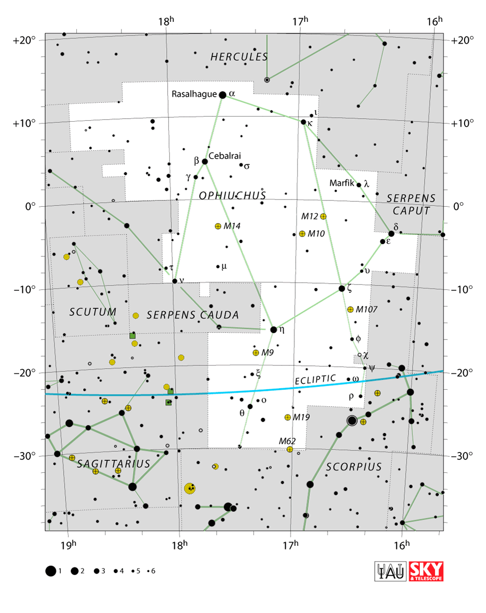 Carte IAU de Ophiuchus : limites, étoiles et tracés