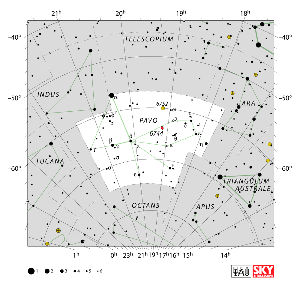 Carte IAU de Paon : limites, étoiles et tracés