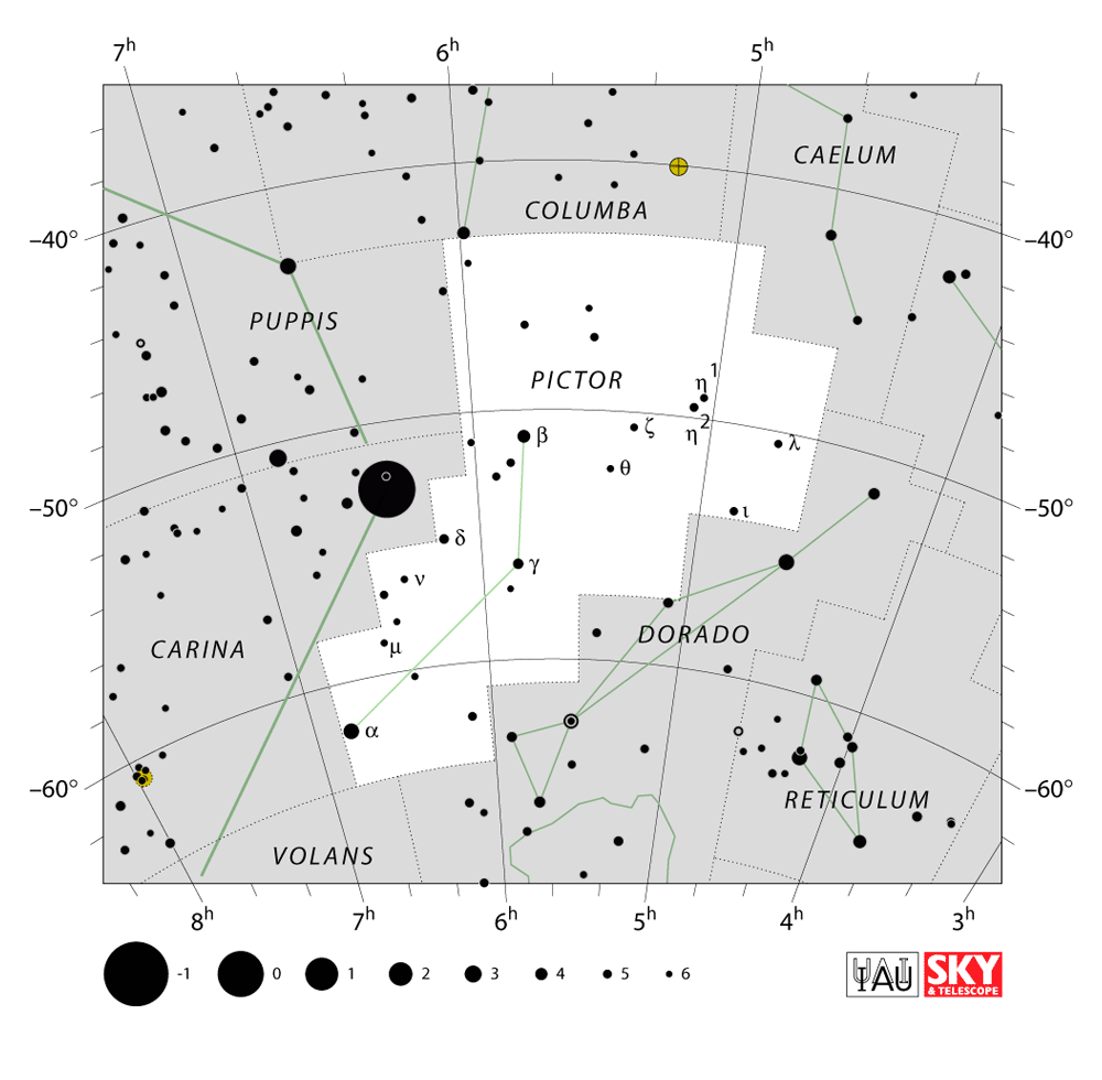 Carte IAU de Peintre : limites, étoiles et tracés
