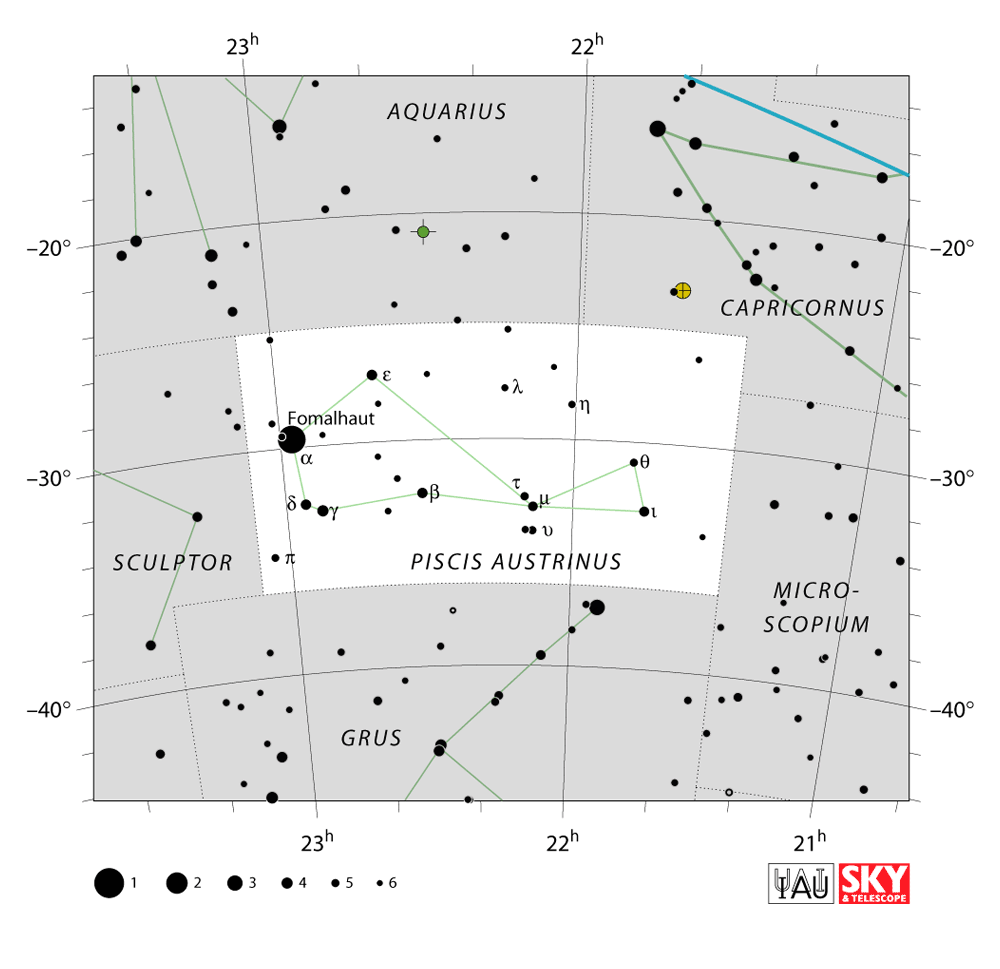 Carte IAU de Poisson austral : limites, étoiles et tracés
