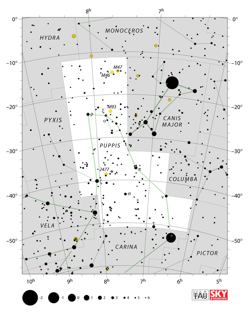Carte IAU de Poupe : limites, étoiles et tracés