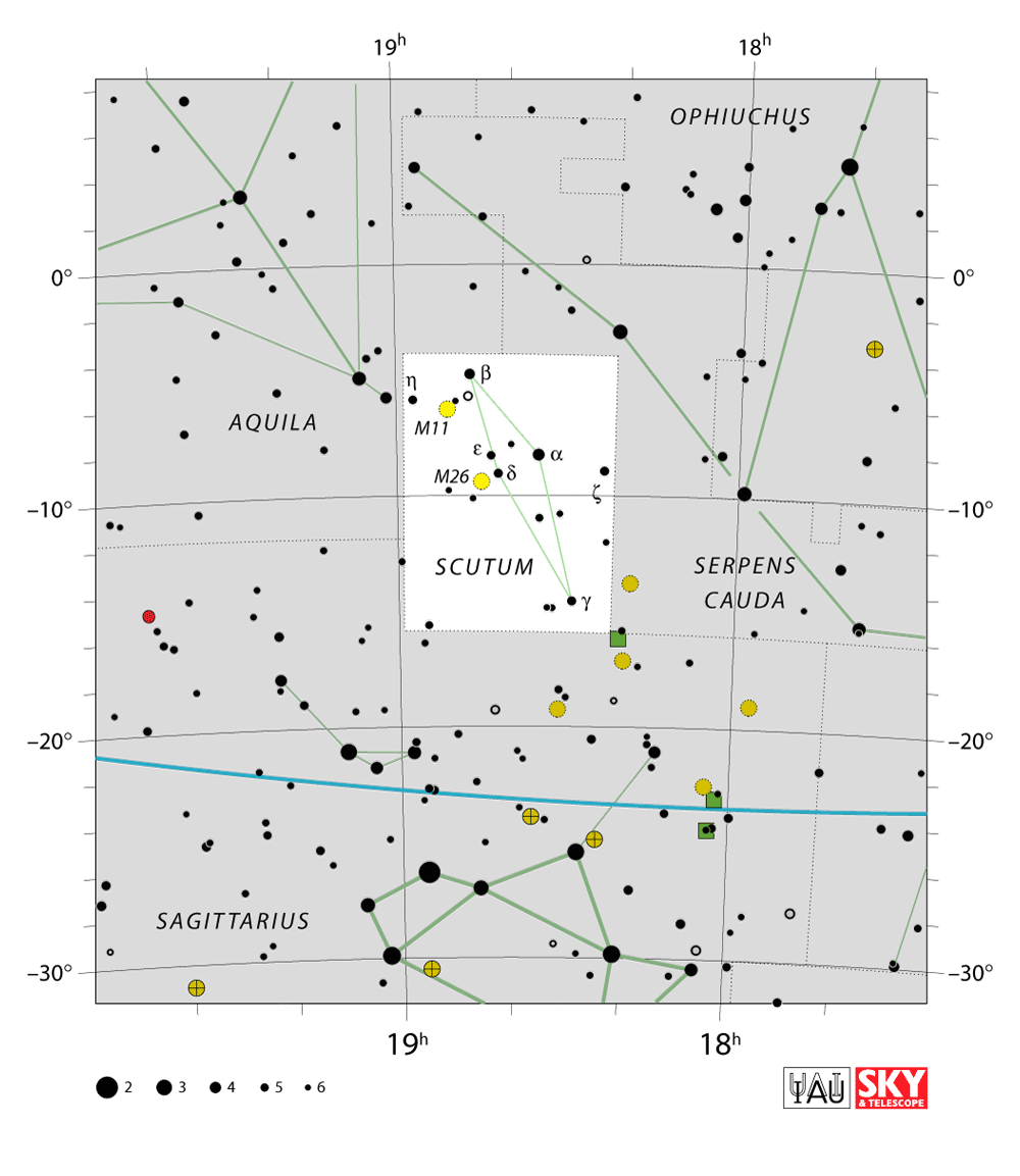 Carte IAU de Écu de Sobieski : limites, étoiles et tracés