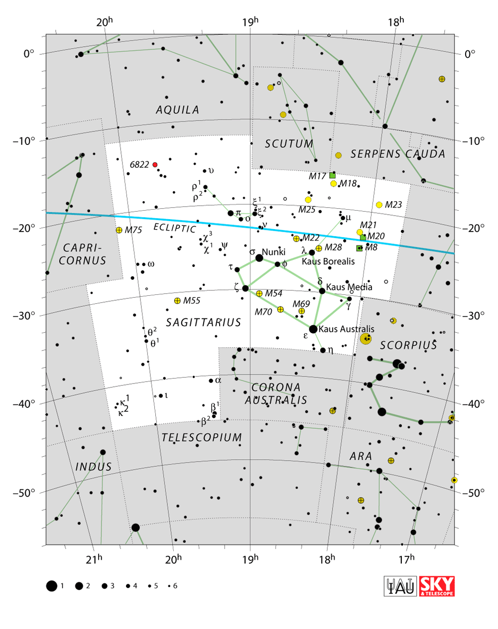 Carte IAU de Sagittaire : limites, étoiles et tracés
