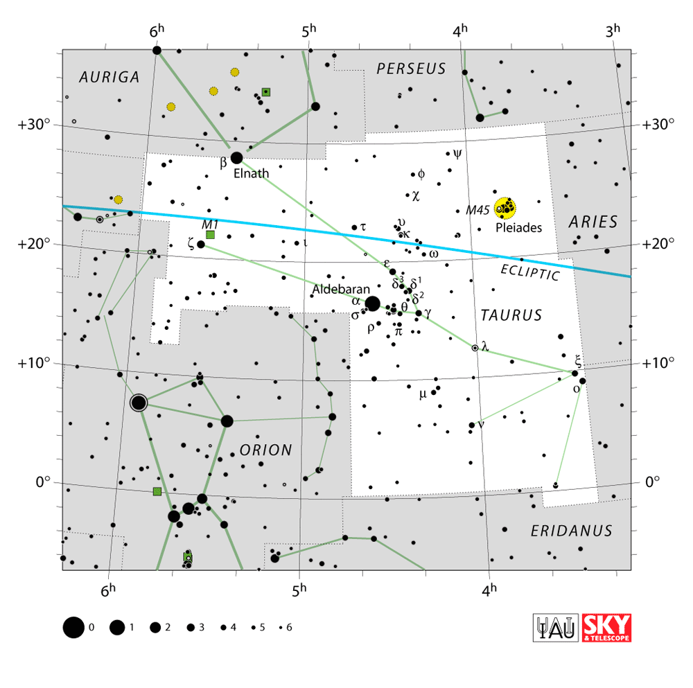 Carte IAU de Taureau : limites, étoiles et tracés