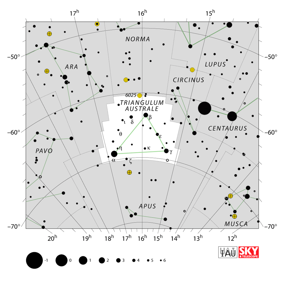 Carte IAU de Triangle austral : limites, étoiles et tracés