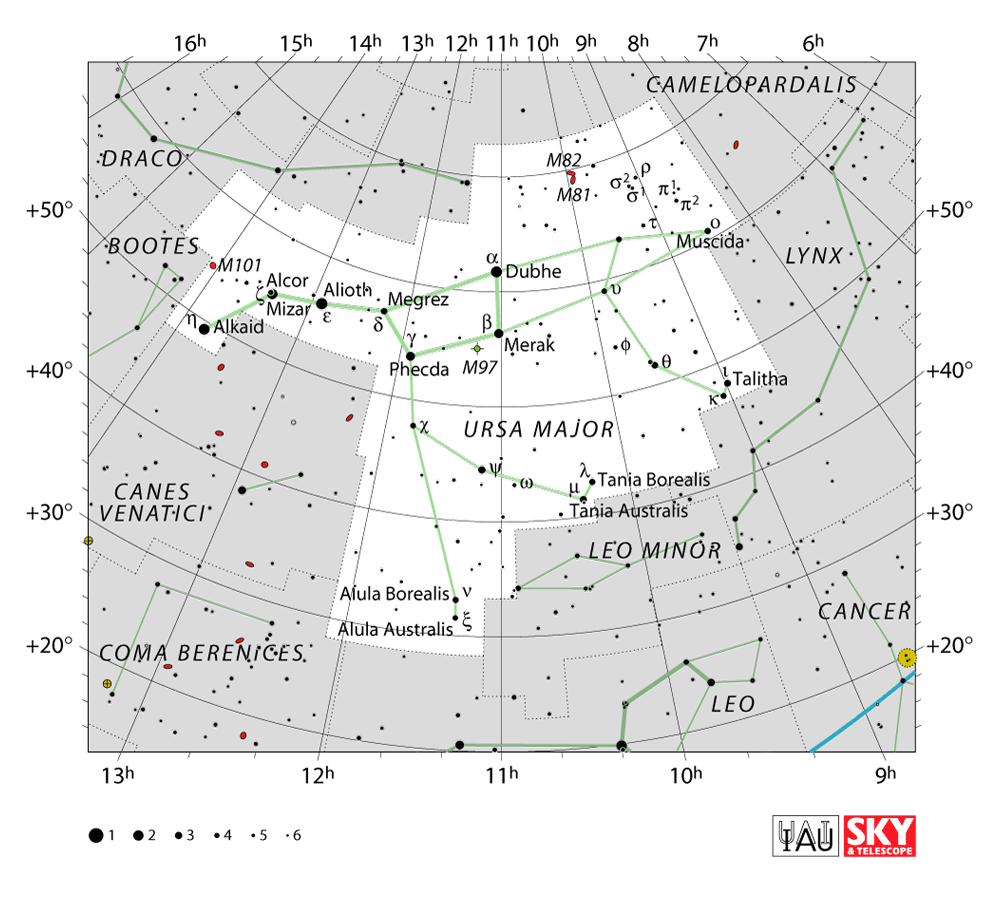 Carte IAU de Grande Ourse : limites, étoiles et tracés