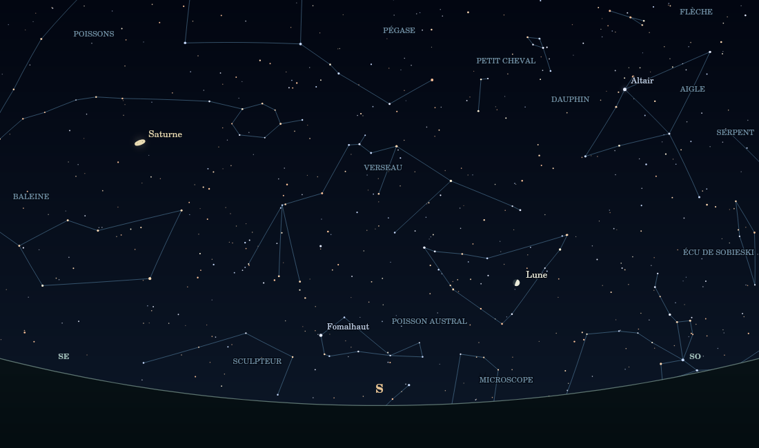 Aperçu calculé du ciel vers le sud depuis Luxembourg, le 19 octobre 2026 à 22 h : la Lune, Saturne et les constellations.