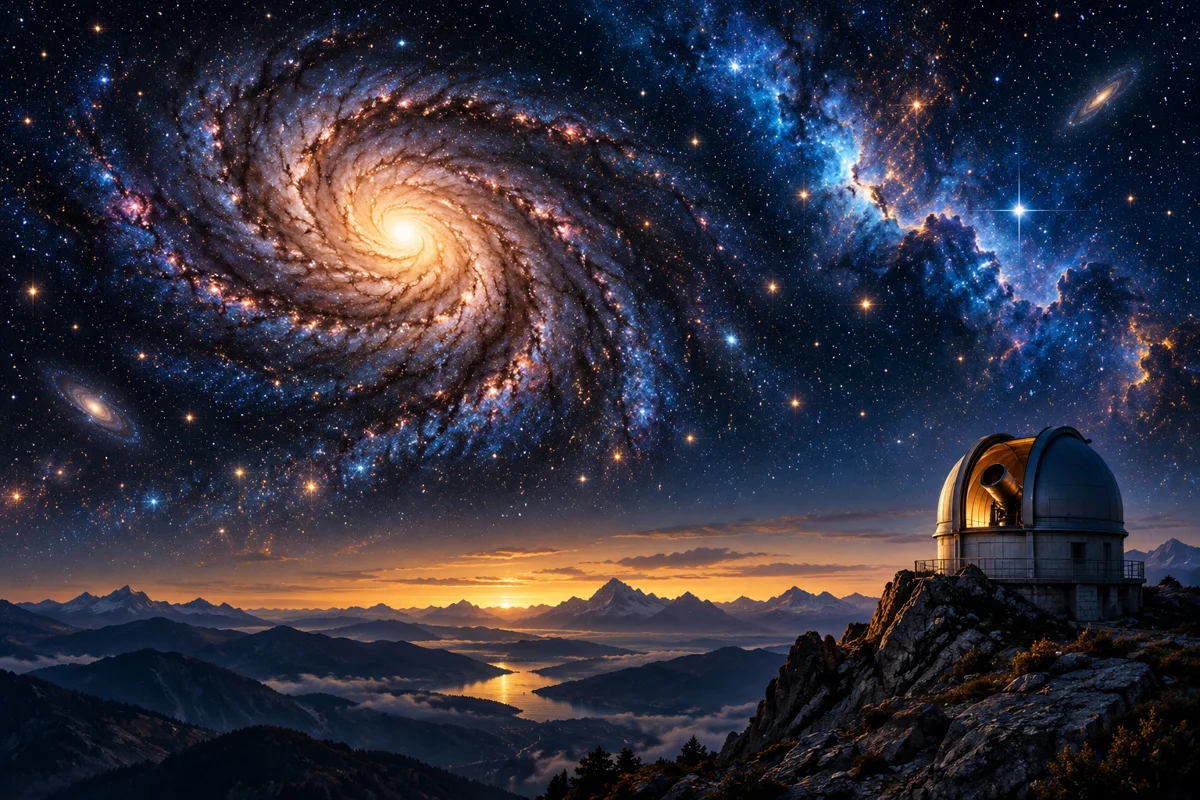 Illustration artistique d’un observatoire face à une galaxie et des nébuleuses