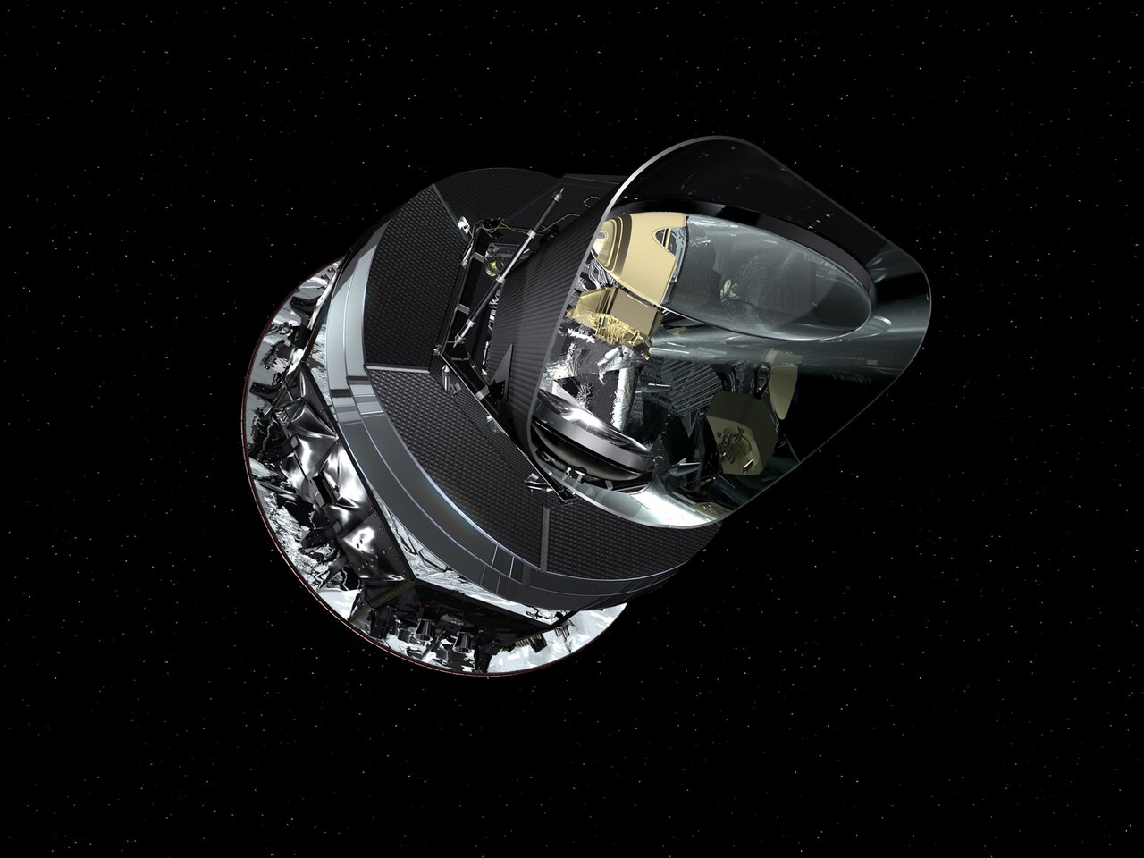 Künstlerische Darstellung des Weltraumteleskops Planck.